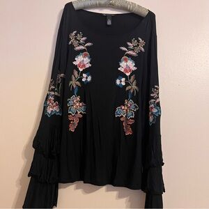 INC Black Bohemian Top with Rich Floral Embroidery Size XL-1X Plus
